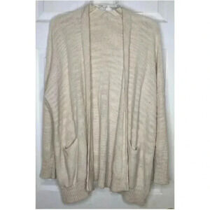 Women ANTHROPOLOGIE cream Ivory Open Front L/s Cardigan Sweater Sz Medium Pocket